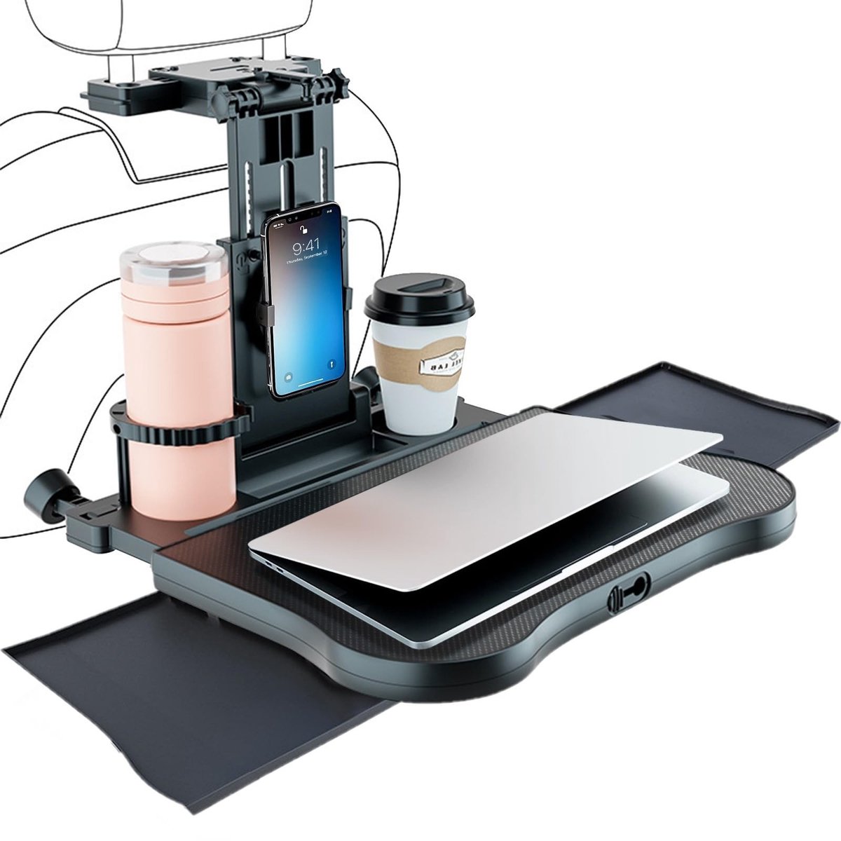 Dailygoods- Autotafel met uittrekbaar dienblad - Bekerhouder - Opbergvak - Antislip bodem - Draagkracht 15-20 kg - 360° draaibare houder - Autostoeltablet