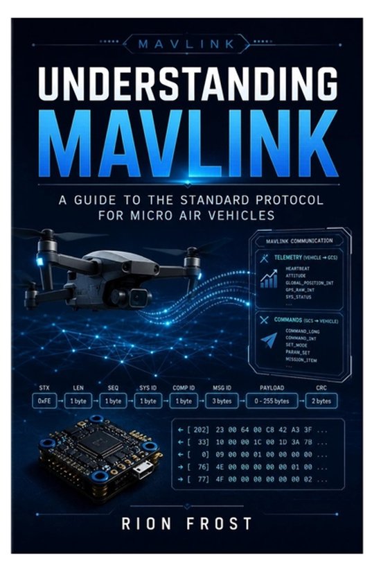 Boek 'Understanding MAVLink' met een drone en printplaat, uitleg over MAVLink communicatie.