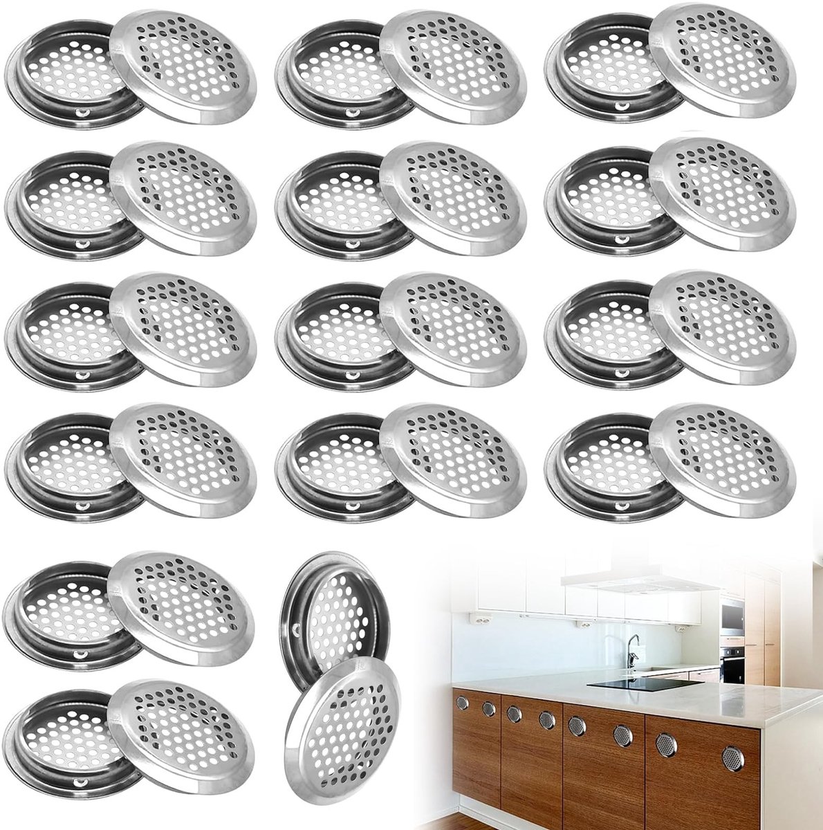 Dailygoods- Ventilatierooster Rond - 30 Stuks - Roestvrij Staal - Ventilatie - Afzuigventiel - Geschikt voor Kasten - Ventilatieopening