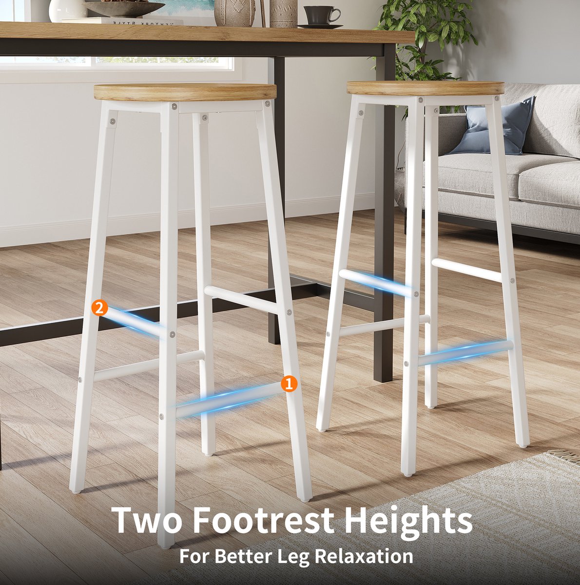 MIVRAY Barkruk 70 cm - Set van 2 Met Houtlook Zitting en Verstelbare Voeten - Voor Keukeneiland en Bar - MDF Metaal Wit