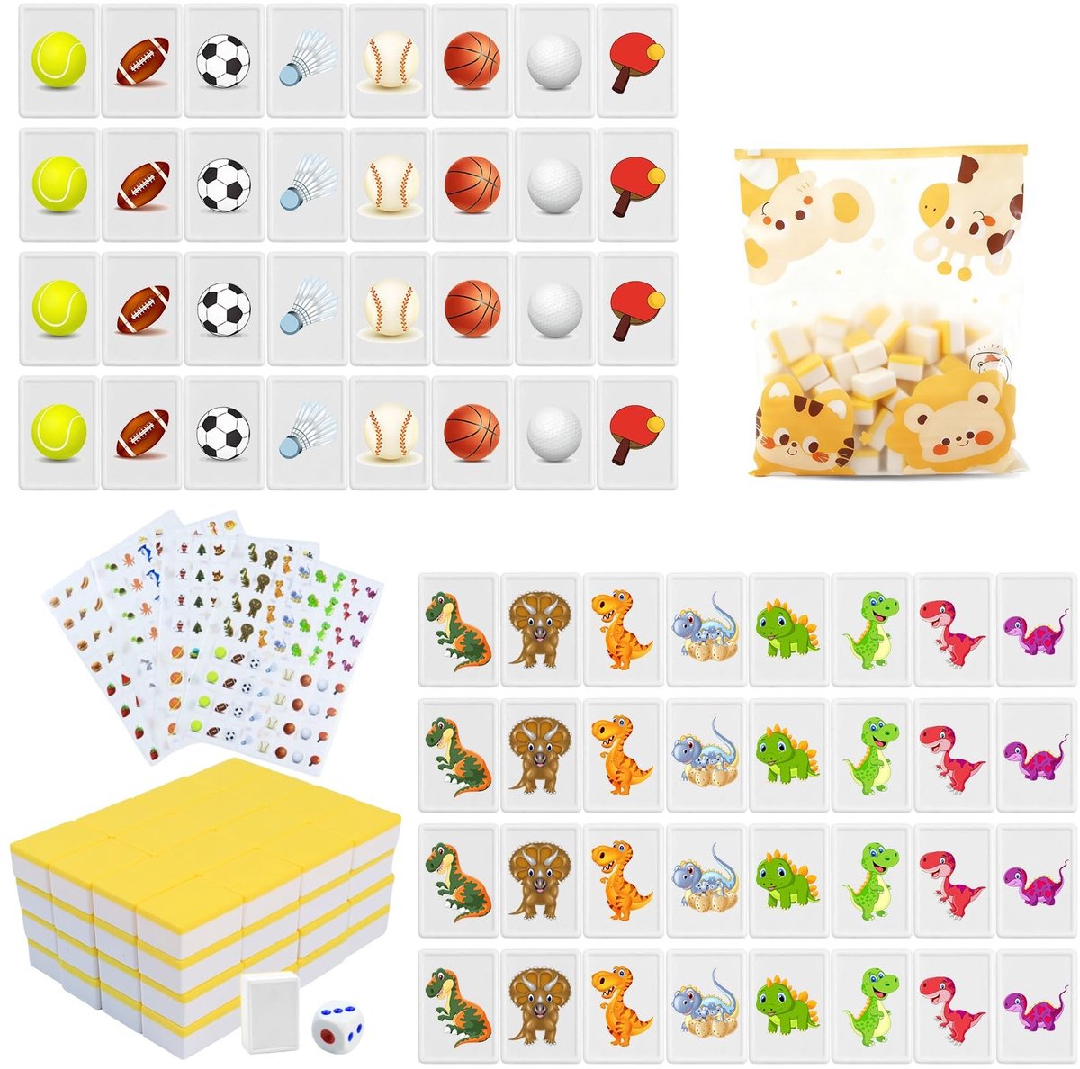 Dailygoods- Mahjong Spel - 65 Blokken 30 mm - Compact - Schokbestendig - Opbergtas - Doe-het-zelf Stickers - Geschikt voor Kinderen en Volwassenen - Bordspel