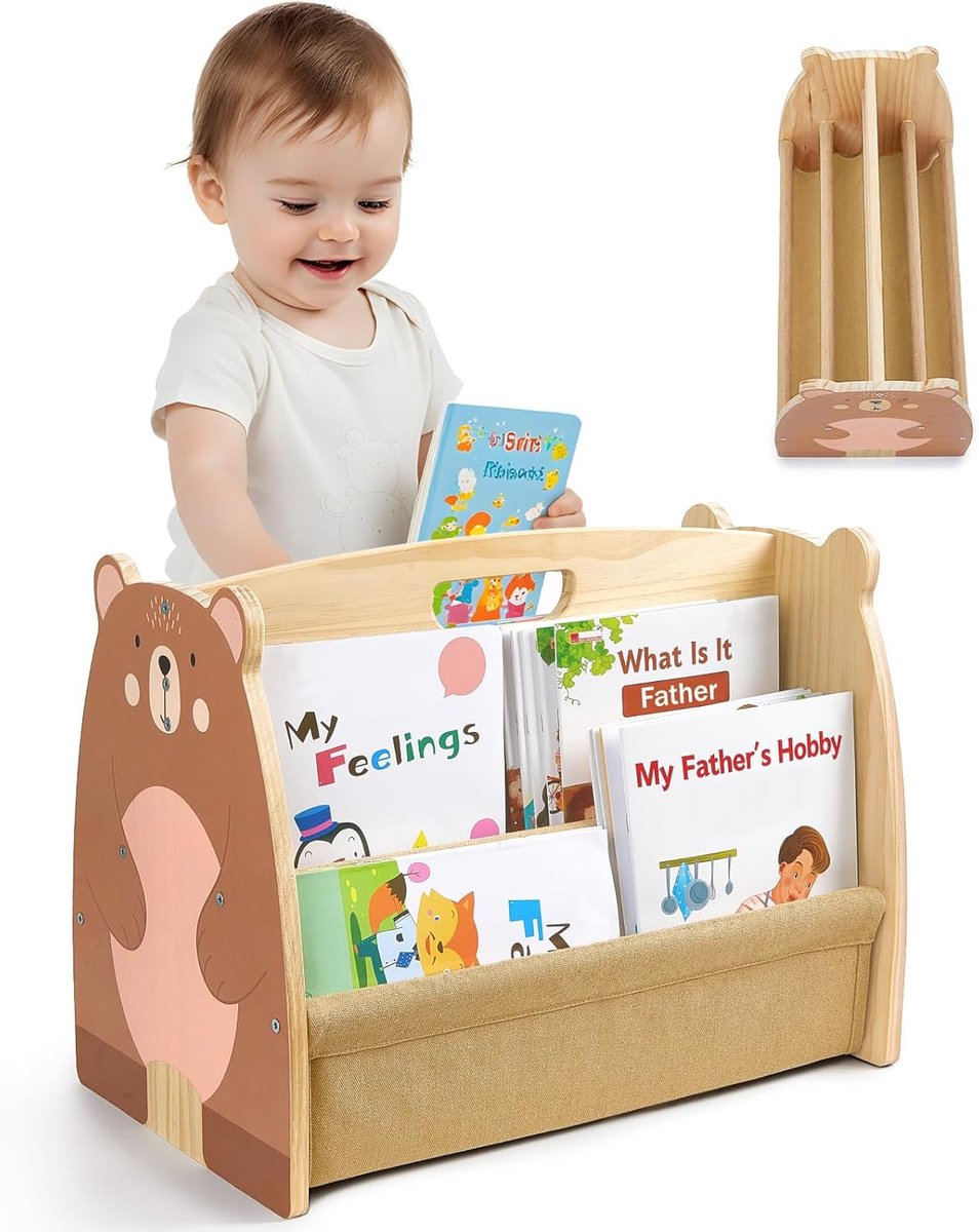 Kinderboekenkast Hout - Dubbelzijdig Boekenrek met Canvas Vakken, Montessori Stijl, Draagbaar met Handvat, Opberger voor Kinderkamer, Speelkamer & Kinderdagverblijf