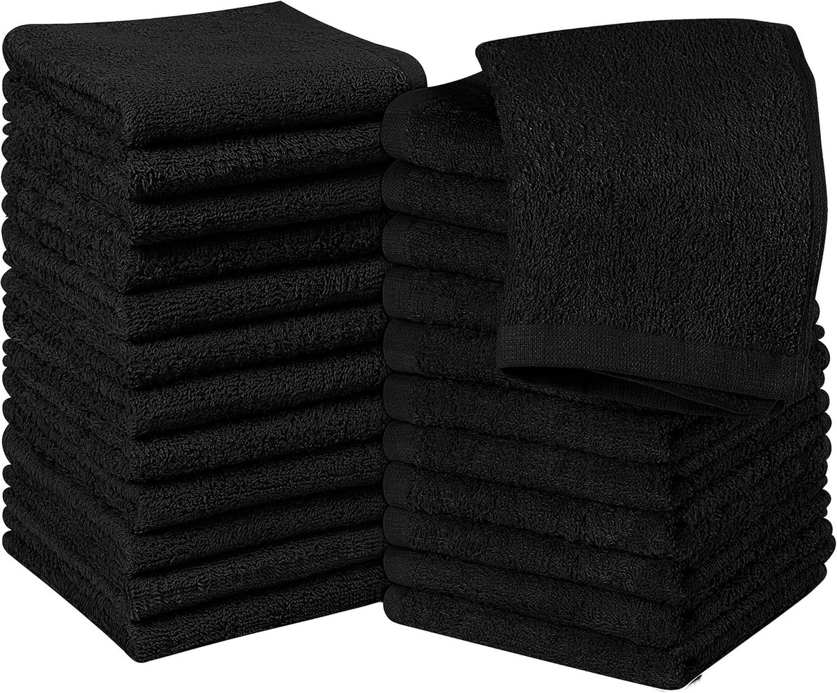 Washandjesset - 30 x 30 cm, wit - 100% ringgesponnen katoen, hoogwaardige flanellen gezichtsdoeken, zeer absorberende en zacht aanvoelende handdoeken (pak van 24, zwart)