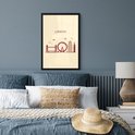 Line art poster van de skyline van Londen in rood en geel op een crème achtergrond.