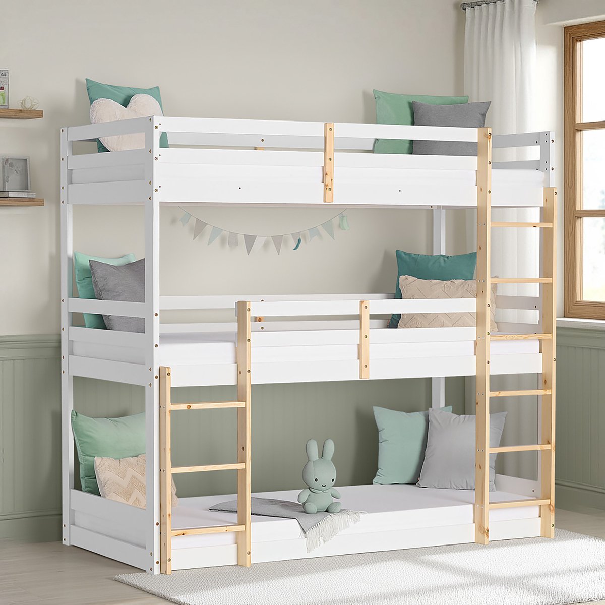 Homestyle4u Kinderbed - 90x200 cm - Hoogslaper voor 3 kinderen - wit en natuurkleur