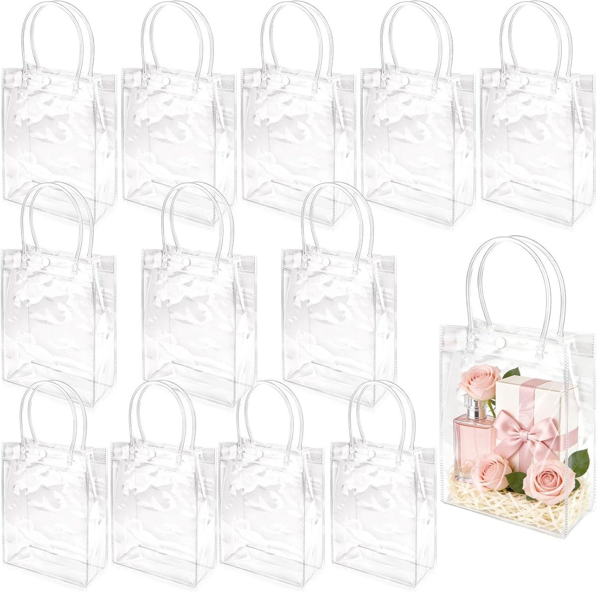 12 stuks - Cadeautasjes - 20*15*7 cm - Doorzichtige plastic Cadeautassen - Cadeauzakjes - Snoepzakjes - Doorzichtige draagtassen - Herbruikbare Boodschappentassen - met handvatten - PVC - voor cadeaus, bruiloften, winkels, boetieks, en verjaardagen