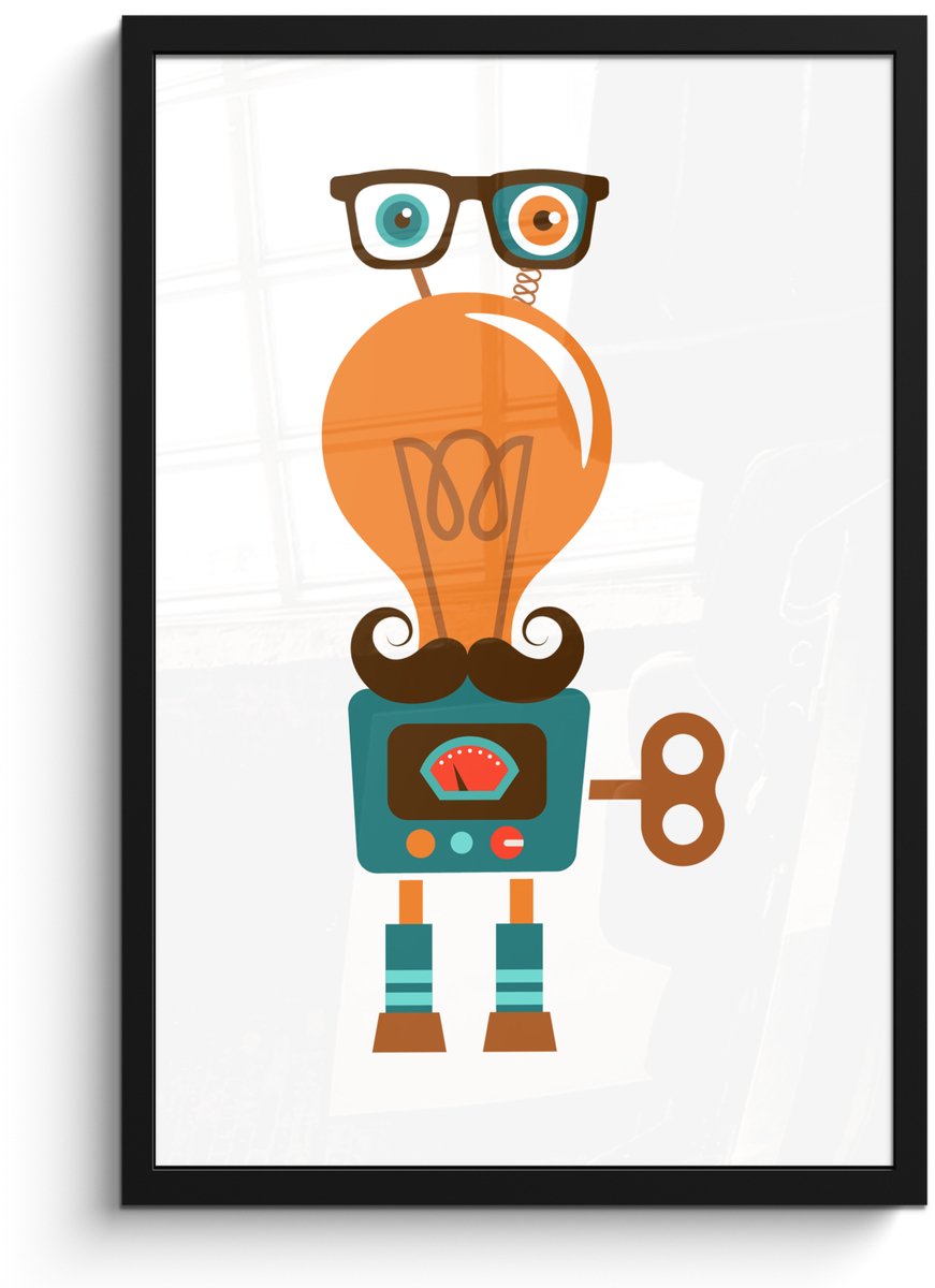 Poster in fotolijst kinderen - Robot - Bril - Gloeilamp - Snor - Jongens - Kind - Wanddeco