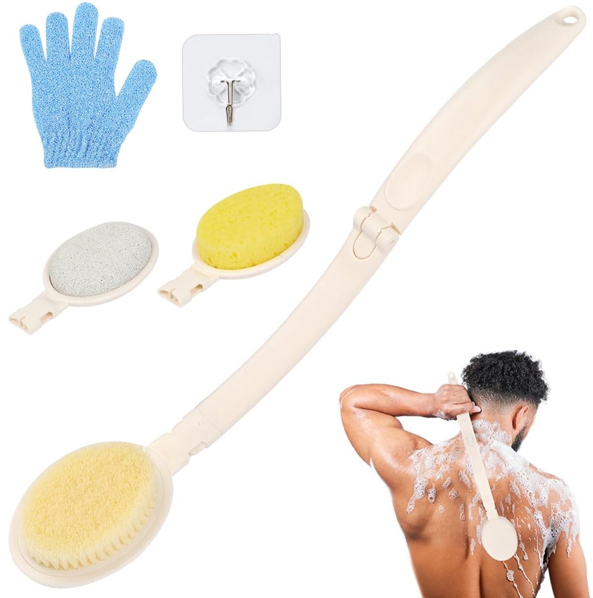 3-in-1 rugschrobber voor douche, spons met lange steel en puimsteen en rugscrubbers, rugcrème applicator, douchebad wasborstel voor vrouwen mannen douche spa exfoliërende massage