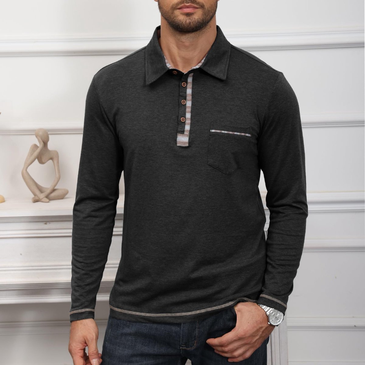Lange mouwen, T-shirt met zak, Golfsport, contrasterend, regular fit, top M-3XL