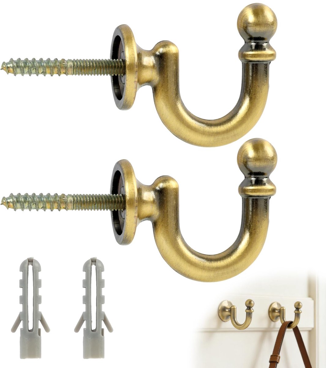 2 stuks gordijnhouders met ronde kop, metalen gordijnhouders, haken rond hoofd 35 mm, vintage decoratieve wandhaken voor gordijnen, ramen, deuren, jassen, tassen, accessoires (brons)
