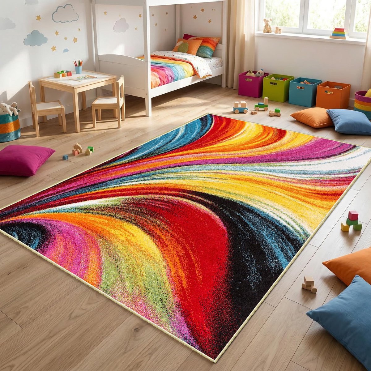 wasbaar tapijt, kinderkamer, laagpolig, antislip, modern golfpatroon, geometrisch patroon, machinewasbaar, voor woonkamer, eetkamer, keuken, slaapkamer (rood, geel, oranje) 160 x 230