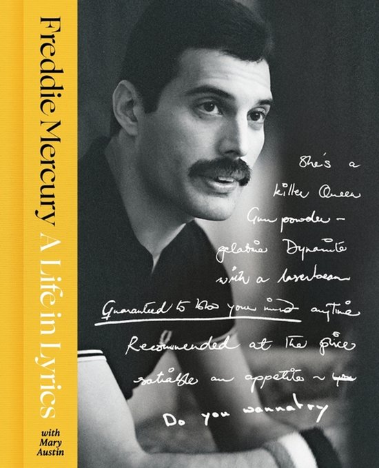 Boekomslag met Freddie Mercury, met de tekst "Freddie Mercury A Life in Lyrics with Mary Austin".