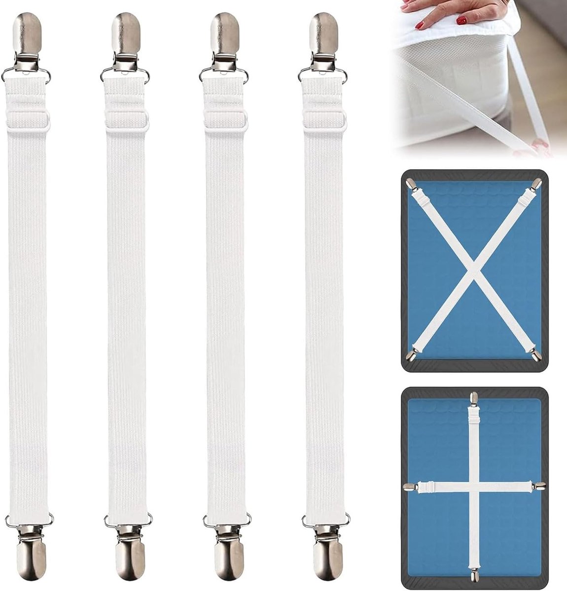 Dailygoods- Bedlakenklemmen 4 Stuks - Verstelbaar (35-130 cm) - Lakenspanners - Hoeslakenspanners - Metalen Clips - Elastisch Bevestigingssysteem