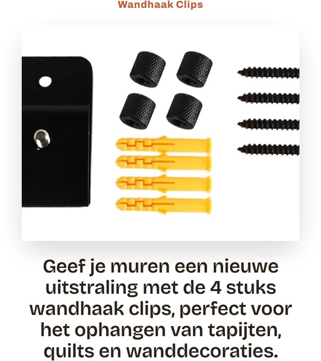 Dailygoods - Wandhaak Clips - Sterke bevestiging - Voor tapijten - 4 stuks - Wanddecoratie - Geschikt voor muur - Kleur: zwart