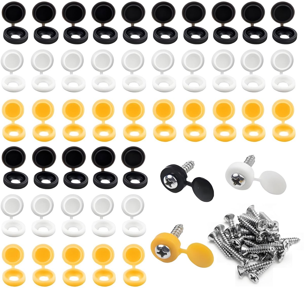 Dailygoods- Afdekkappen 54 Stuks - Schroefafdekking Wit met Scharnier - Zwarte/Witte/Gele Kappen - Hoogwaardig Kunststof - Duurzaam en Robuust - Schroefdoppen