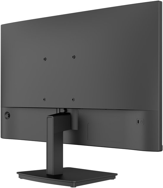 Achterkant van een zwarte monitor met standaard, montagegaten en aansluitingen.