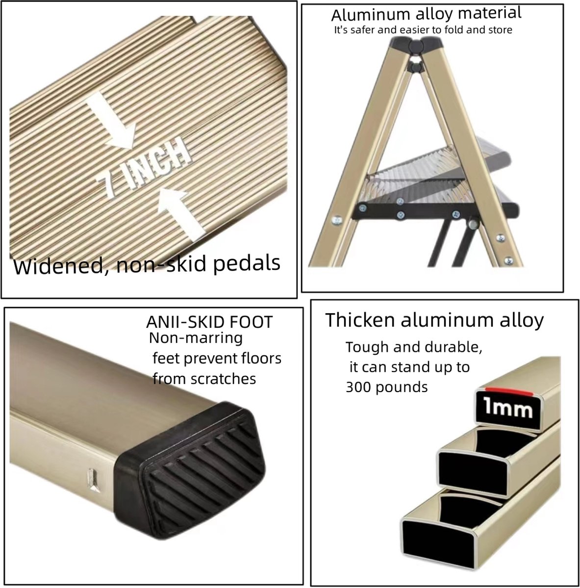 Opvouwbare trapladder - Drietrapsladder - Huishoudtrap met Brede Antislip Treden - Keukentrap - Huishoudtrap - Met antislip treden, compact op te vouwen, draagbaar - Aluminium - 82×65×45 cm - Voor thuisgebruik en keuken - Goudkleurig – foto 6