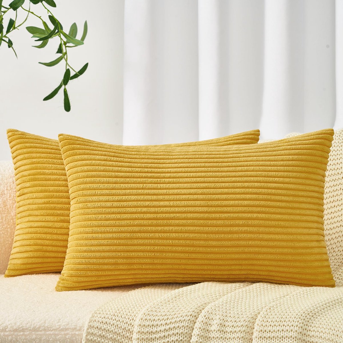 Set van 2 kussenslopen 50x70cm, corduroy, decoratieve kussensloop, bankkussen, sierkussen, geel