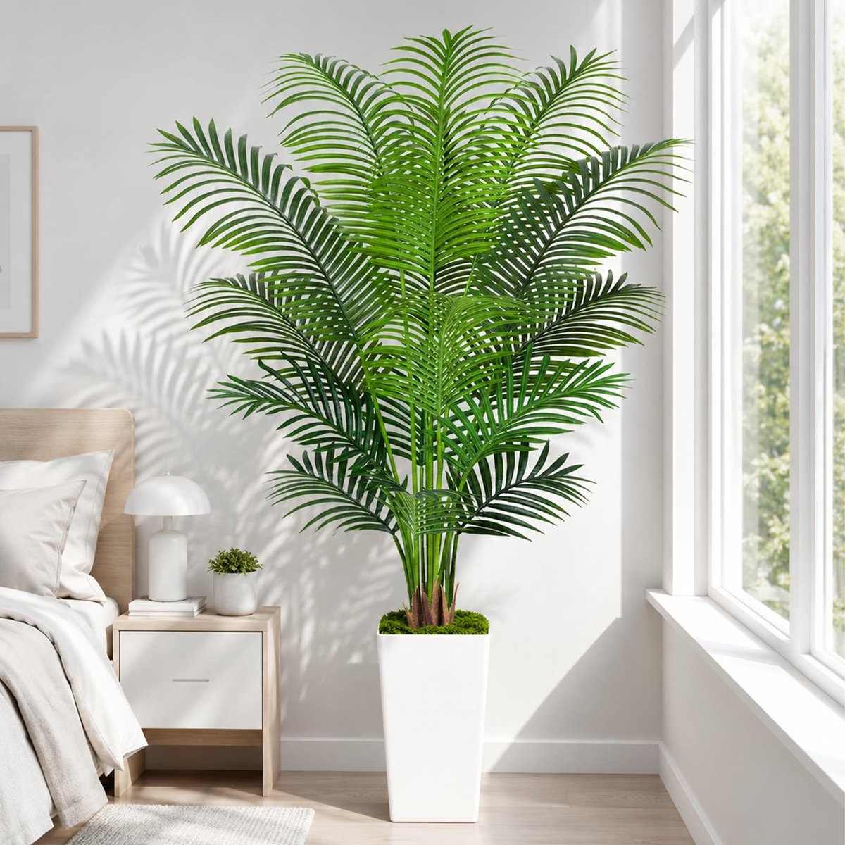 Kunstpalmboom van 1,8 m met witte plantenbak, hoge kunstmatige kamerplanten, nep tropische palmboom, kunstzijden planten voor thuiskantoor, woonkamer, slaapkamer, moderne decoratie