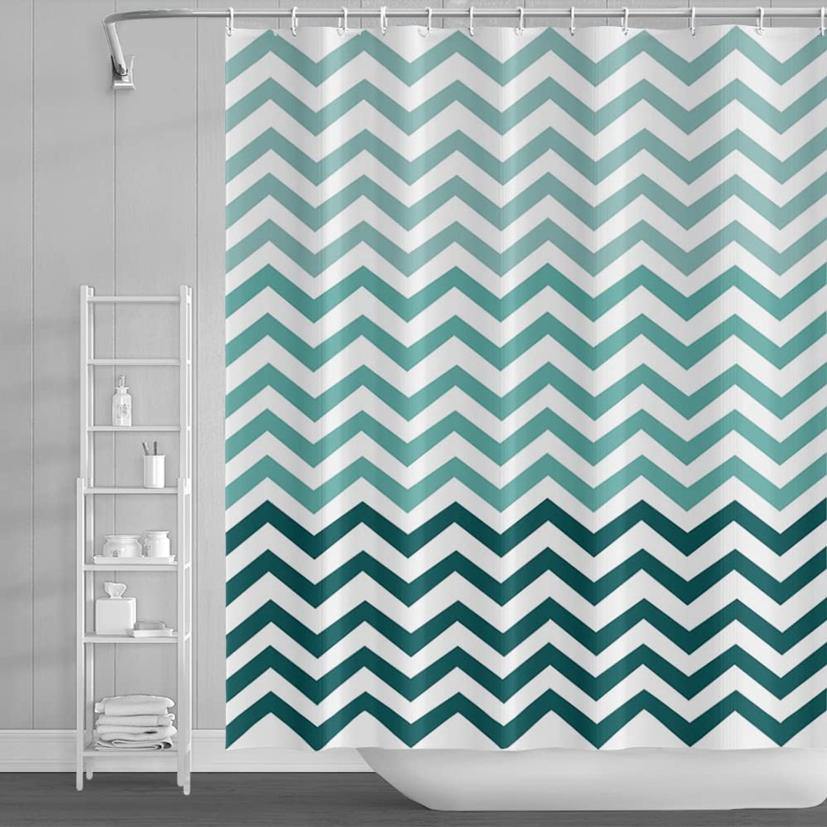 Douchegordijn Groen Wit Horizontaal Golvend Zigzag Badgordijn Abstracte Geometrische Badkuip Gordijn Voor Kinderen Badkamer Decor Stof Polyester Waterdicht met Haken