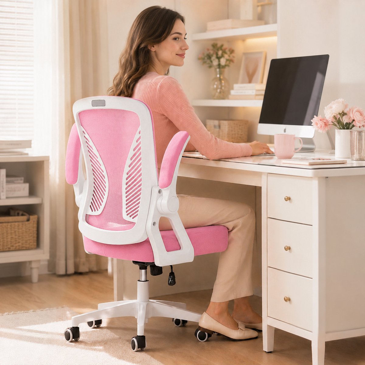 Milacyee Bureaustoel - Ergonomische Bureaustoel – Verstelbare Gaming/Computerstoel met Mesh Rug & Lendensteun – 90° Opklapbare Armleuningen – Directiestoel met Stille Wieltjes – Tot 130 kg Belasting - Roze - Geschikt voor thuiswerk en kantoor – foto 6