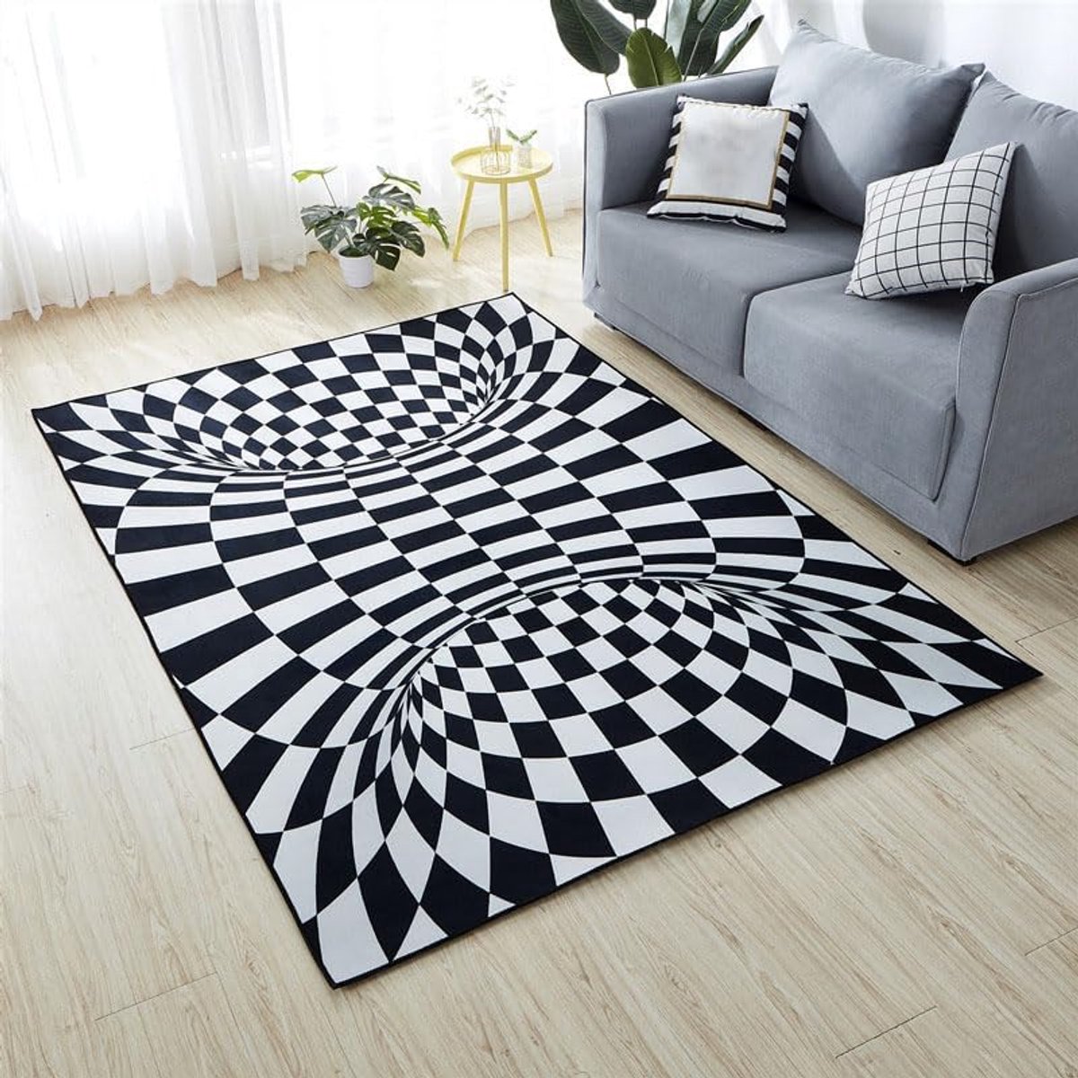 3D illusie tapijt antislip vloerkleed moderne minimalistisch tapijt mat vloermat zwart wit tapijten voor slaapkamer woonkamer kantoor abstracte driedimensionale rechthoek polyester 3D swirl tapijt(80x