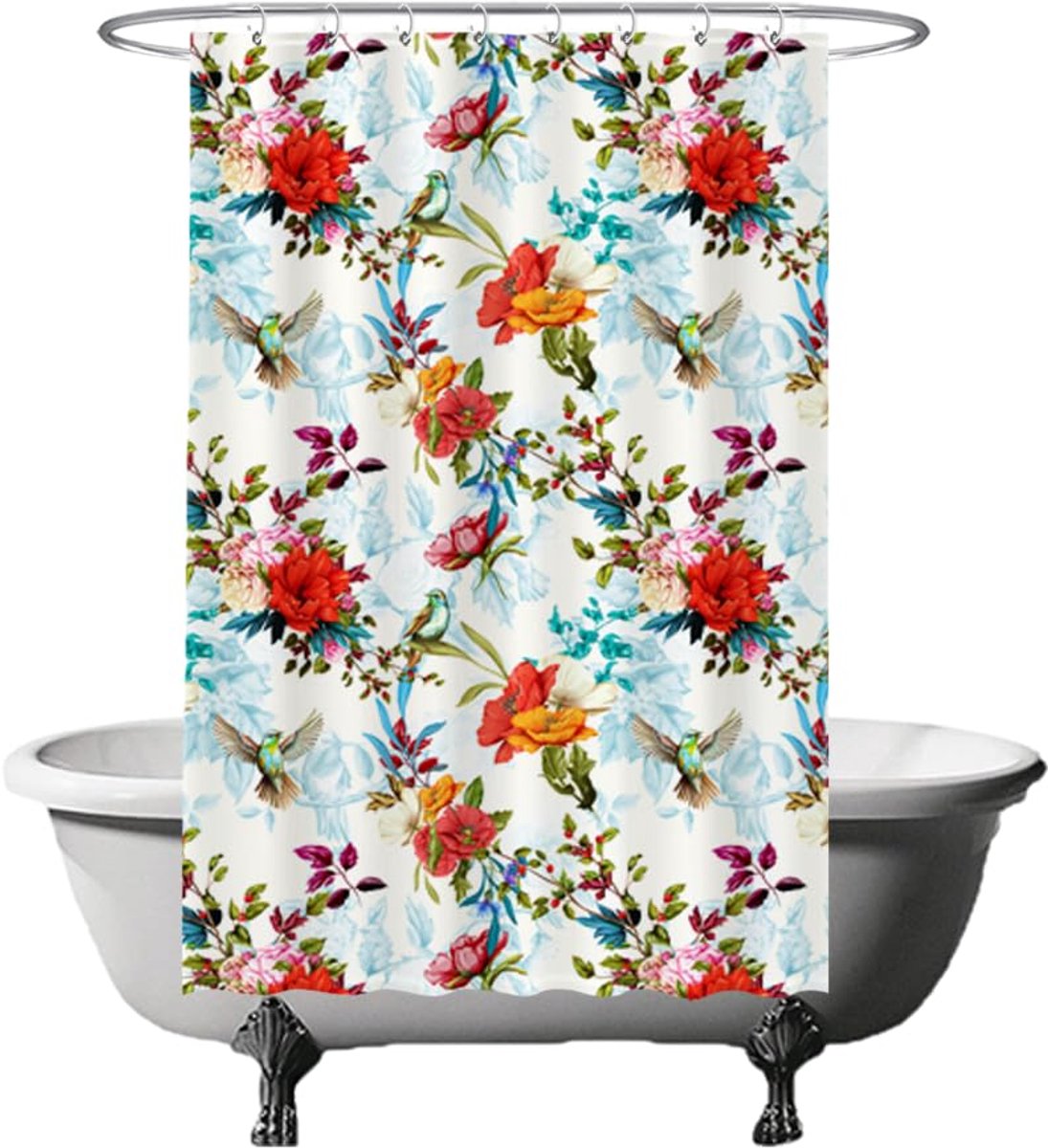Douchegordijn - bloemen vogel natuur bloemen - 120 x 180 cm - wasbaar - anti-schimmel - met 8 ringen - rood roze oranje blauw paars groen