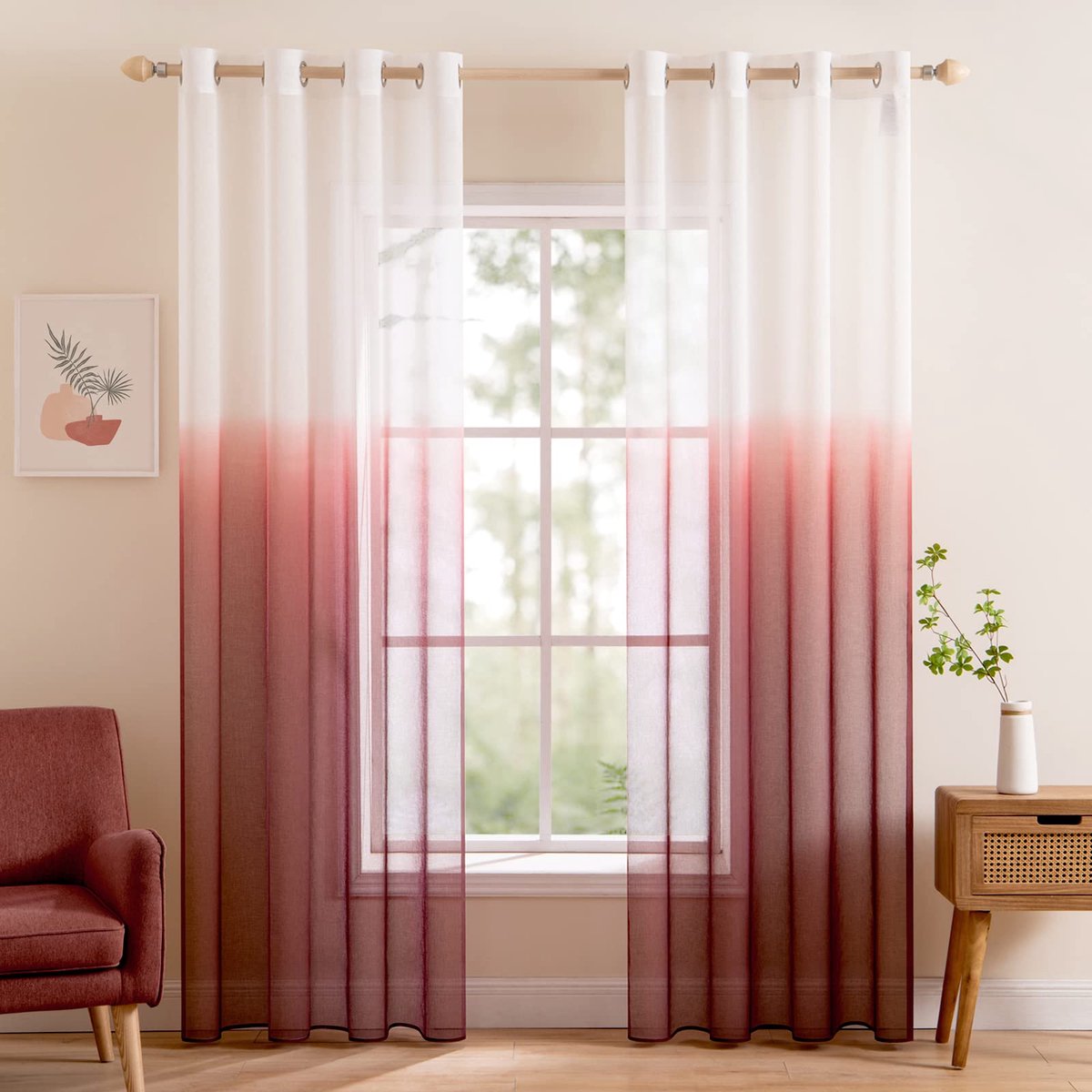 Gradiënt kleur pure gordijnen doorvoertule raamgordijn semi voile gordijnen panelen met oogjes elegante moderne raambehandelingen voor woonkamer tuin 2 panelen 55 inch b x 96 inch l roodbruin