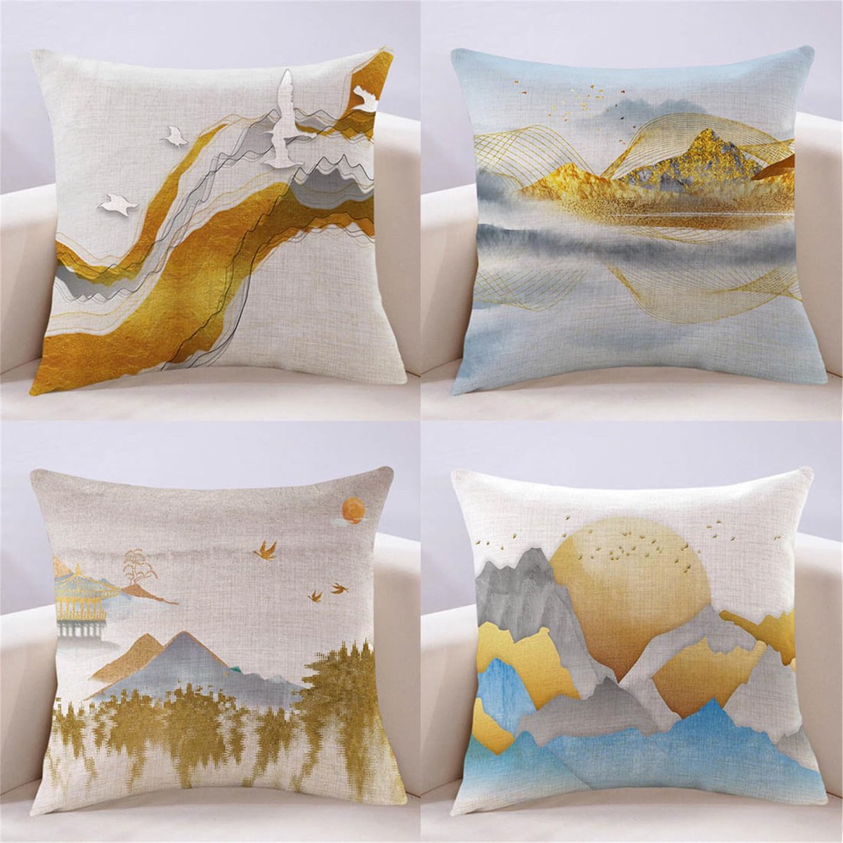 Set van 4 kussenslopen 65 x 65 cm landschap decoratieve kussenslopen linnen vierkante kussenslopen met onzichtbare rits voor bank slaapkamer woonkamer tuin dubbelzijdige kussenslopen