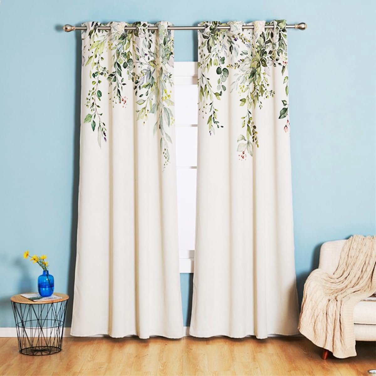 Gordijn met groene bladeren, ondoorzichtig, met inslagringen, landhuis, verduisteringsgordijnen, vintage decogordijn, thermogordijn, koudebescherming, wit, voor slaapkamer, raam, set van 2