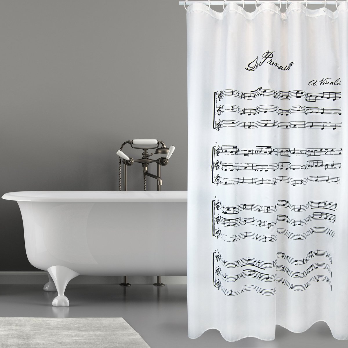 Cotexsa by Premium Douchegordijn, antibacterieel, wasbaar, 100% waterdicht, met 12 douchegordijnringen, polyester, "Vivaldi" wit, 180 x 200 cm, made in Spain
