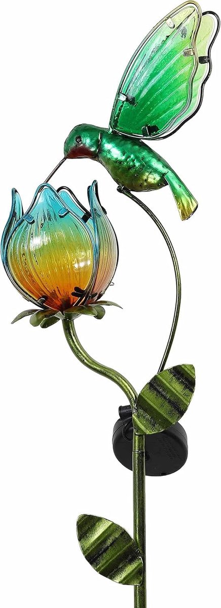 COLLECTIONS Tuinverlichting op zonne-energie, metaalglas, werkt op zonne-energie, voor de tuin, waterdicht, met groene kolibrie en zonnebloemlamp, 105 cm