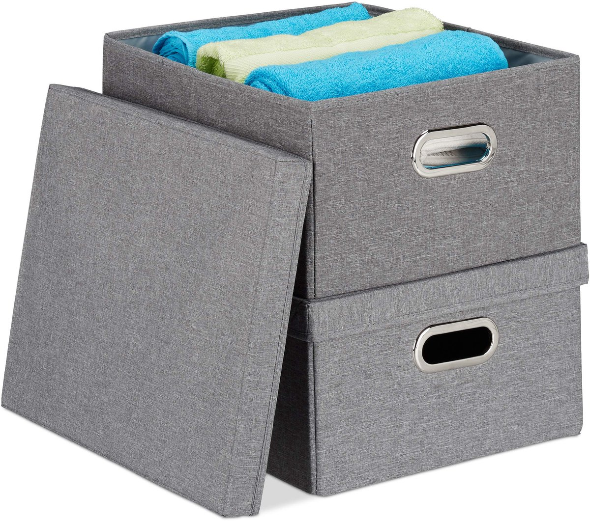 6x opbergdoos, stoffen opbergbox met deksel, opvouwbaar, 25 liter per bewaardoos, HBD 20,5 x 34,5 x 42 cm, in het grijs