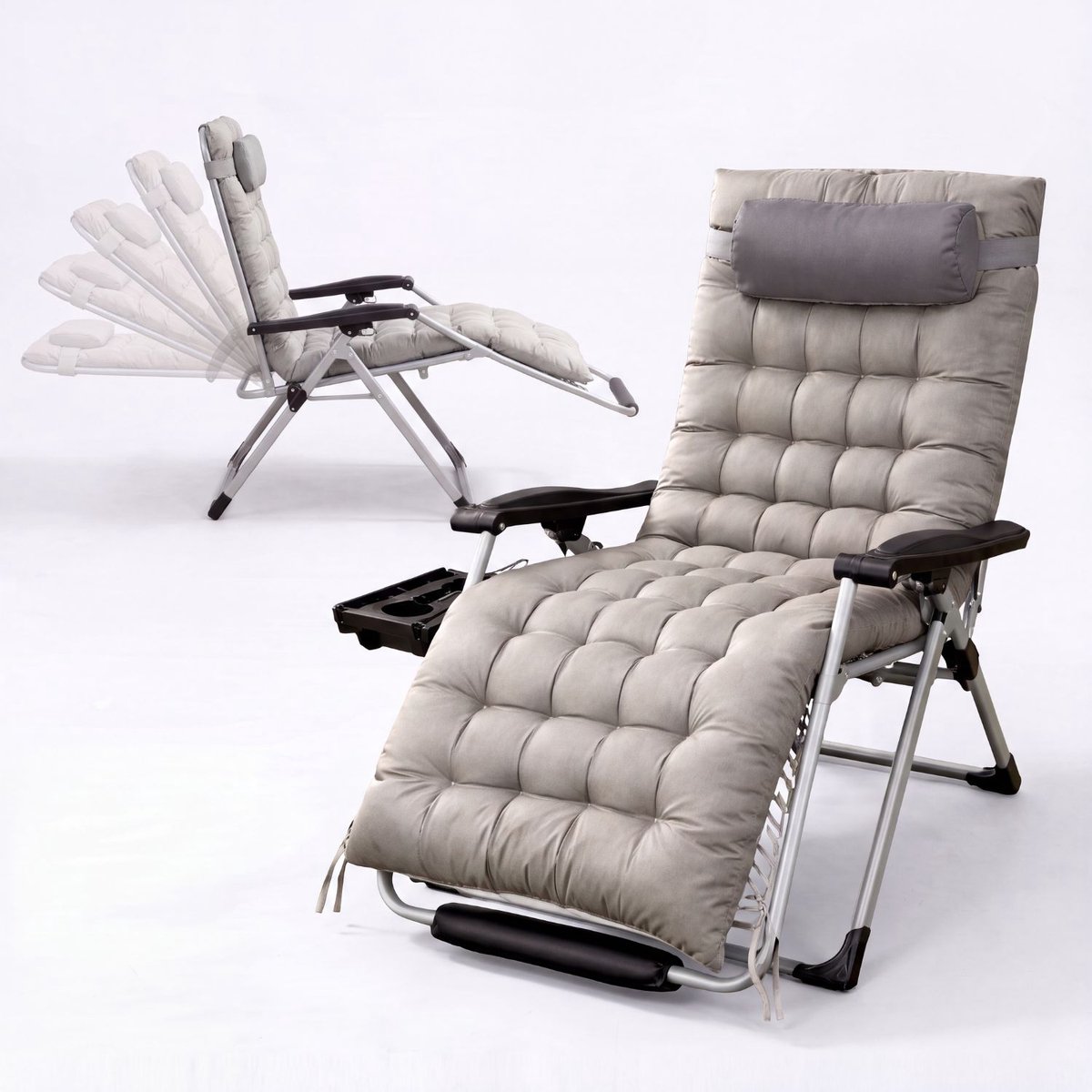 FlinQ 2x XL Relax Tuinstoelen Cloud Comfort Deluxe - Verstelbare Zero Gravity Relaxstoel - Extra breed - Extra dikke kussens - Hoofdkussen & Bekerhouder/Tafeltje - Ligstoel - Tuinmeubelen - Ideale Campingstoel - Ook voor Tuin of Balkon
