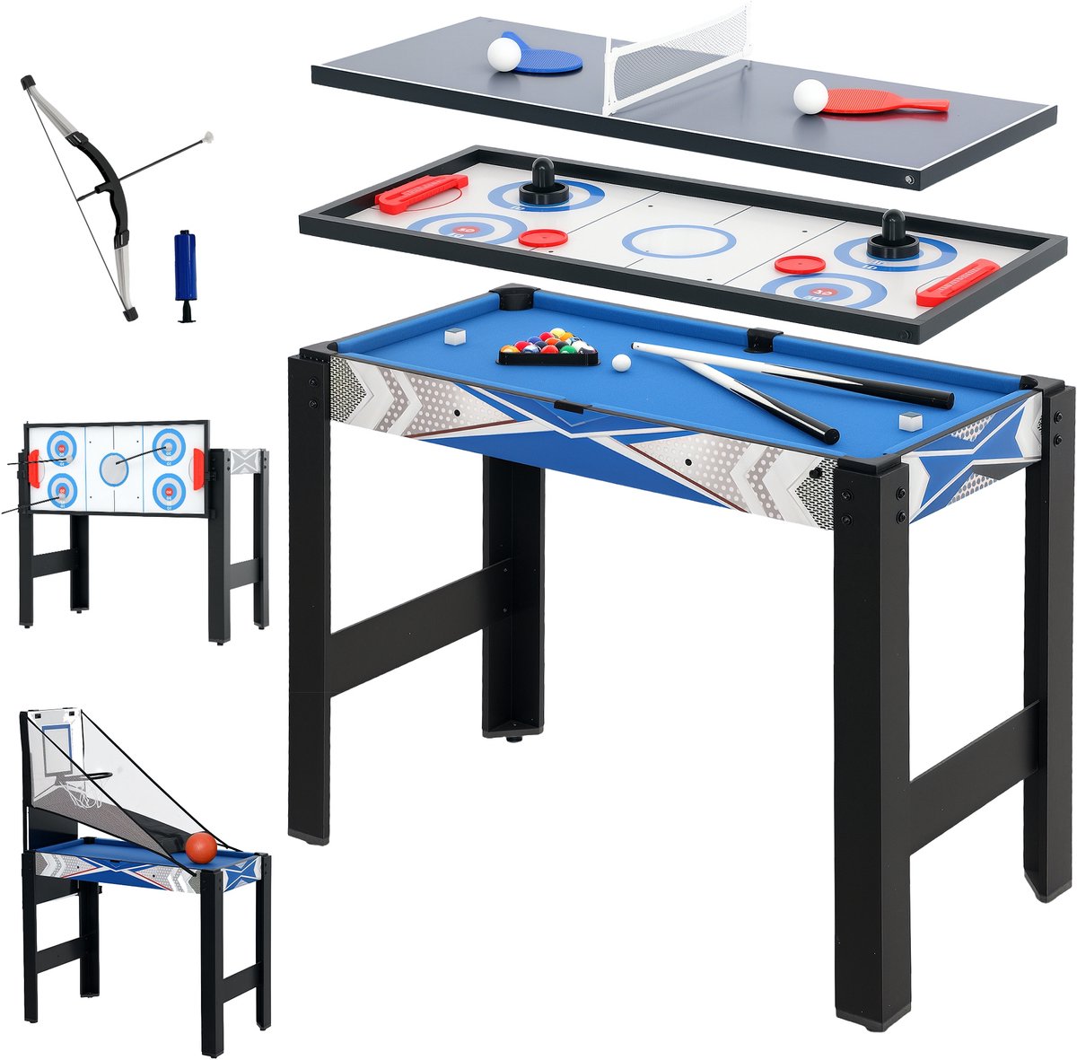 5 - in - 1 speeltafel: biljart - tafeltennis - hockey - basketbal - boogschieten - inclusief accessoires - MDF - kunststof - blauw