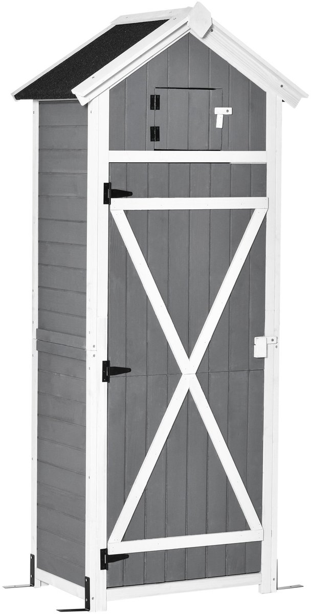 Houten tuinschuur - weerbestendige gereedschapsschuur 78x52 - 5x182cm - tuinhuis met deur - schuin dak - gereedschapskast met haken - inklapbare tafel - tuinschuur voor tuin - terras - grijs