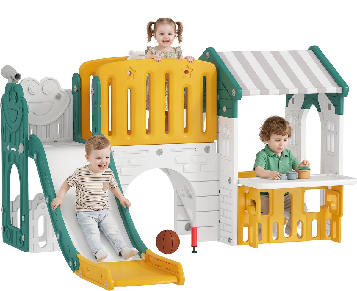 7 - in - 1 kinderspeeltoestel met glijbaan - binnenspeeltuin - klimrek - speelhuisje - krijtbord en basketbalring - geschikt voor kinderen van 1 - 4 jaar - gemaakt van kunststof - geel en groen.