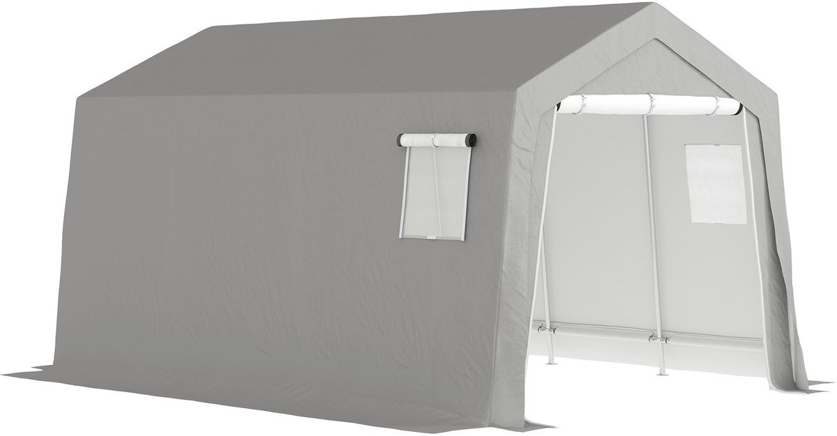 Waterdichte tuinschuur met schuin dak - opbergtent met deuren en ramen - 300x447x255 cm - lichtgrijs