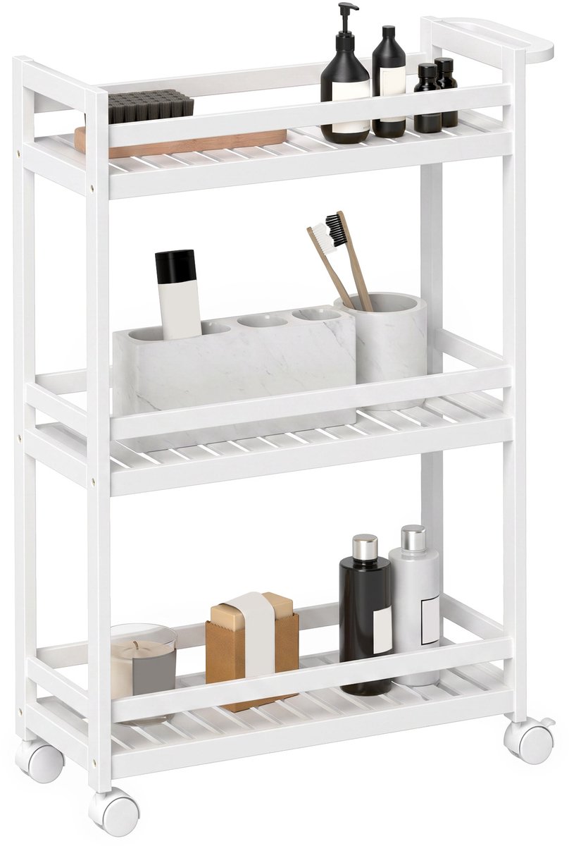 Bamboe serveerwagen - 3 etages - Lamellenplanken - 55 x 20 x 75 cm - Wit