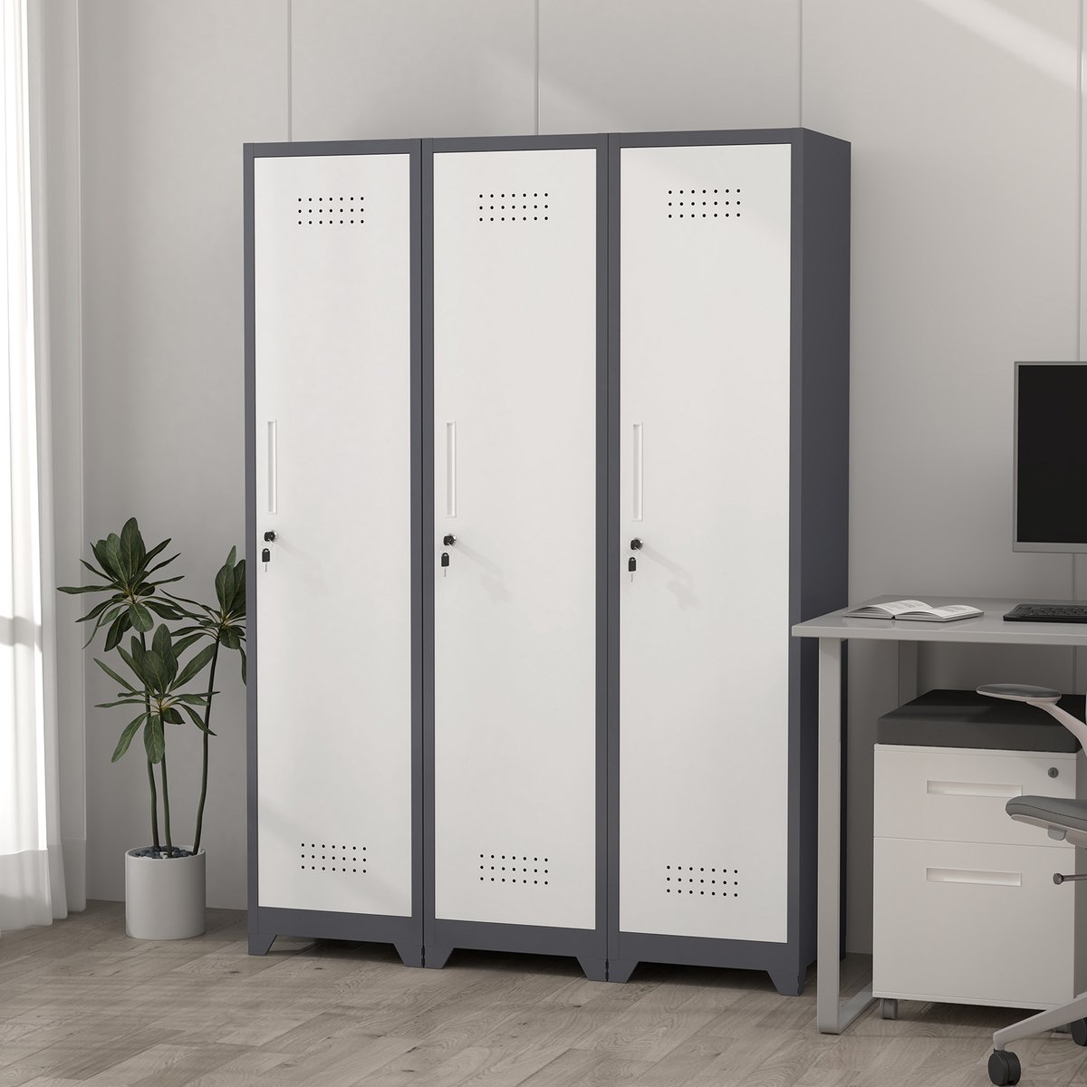 DESMIU Metalen Opbergkast – Met Slot En Ventilatieopeningen – 40 X 40 X 165 Cm – Metaal – Grijs – Voor Schoonmaakmiddelen En Bezems – Smal En Hoog