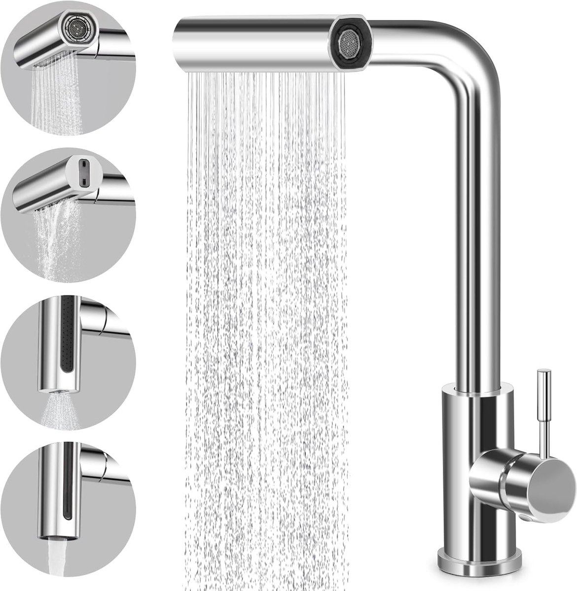 Keukenkranen Met Uittrekbare Sproeier - Waterval Wastafelkraan Van Roestvrij Staal - Eengreeps Wastafelkraan - 4 Watersproeistanden