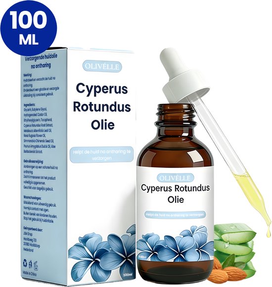 Een bruine glazen fles met druppelaar, gevuld met 100ml "Cyperus Rotundus Olie". De fles heeft een label met het merk OLIVÉLLE en tekst.
