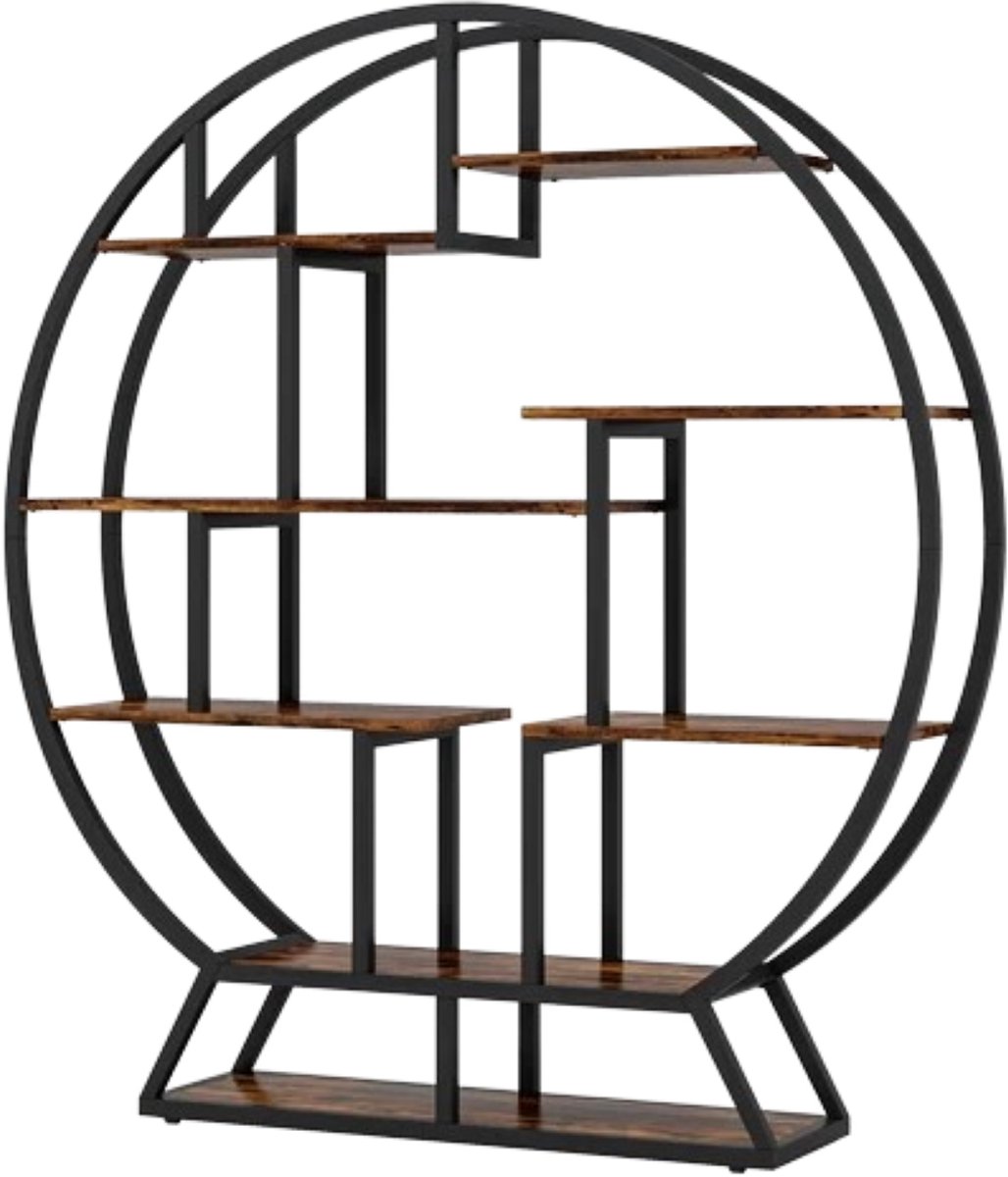 DMG Supply Boekenkast - Rond - 14 Planken - Verspringend - 150 x 30 x 159 cm - Bruin/Zwart - Spaanplaat en Staal