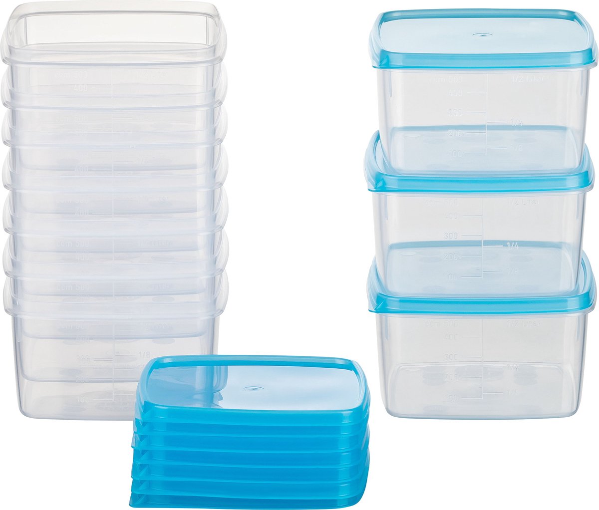 Famanu – Vriesdozen set van 10 stuks van 0,5 l, vierkant, lichtblauw, luchtdichte voorraaddozen met deksel voor maaltijdvoorbereiding en organisatie