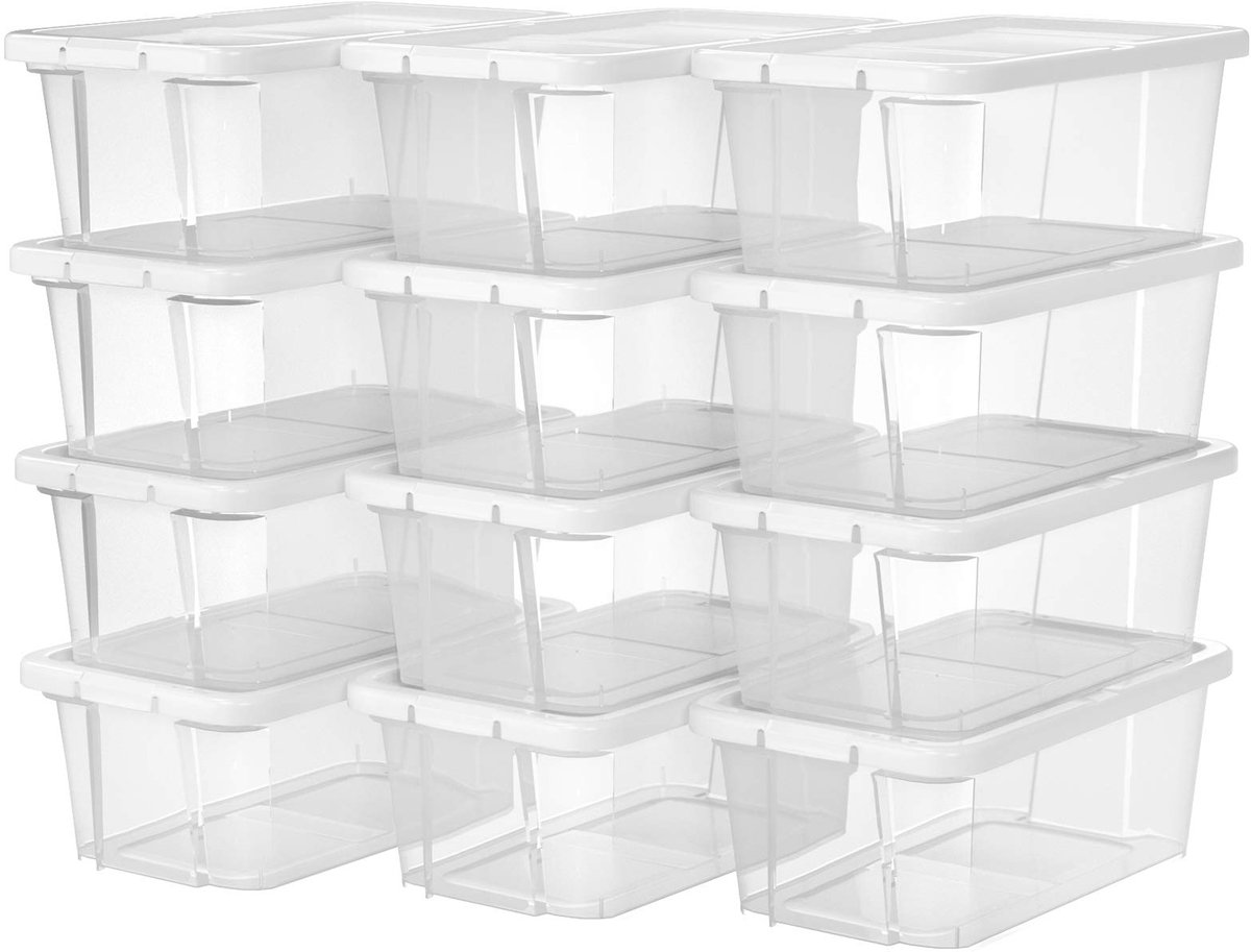 Famanu – Set van 12 opbergdozen met deksel voor schoenenopslag, transparant kunststof, geschikt voor schoenen tot maat 41