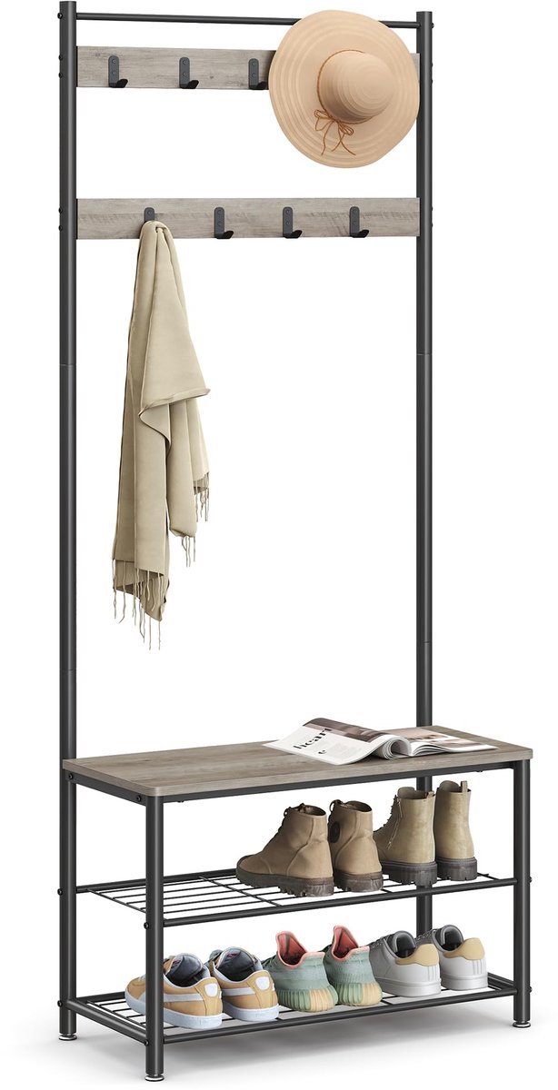 Famanu – Kledingrek met schoenenrek en 3 legplanken van metaal, ideaal voor het ophangen van kleding en schoenen, geschikt voor hal of slaapkamer