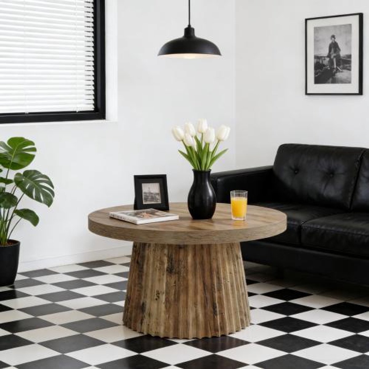 Wishdor Salontafel rond 80 cm - Ribbelsokkel - MDF - Modern design - Woonkamer - Bruin houtlook - 45 cm hoog - Belastbaar tot 136 kg - Voor boeken en drankjes