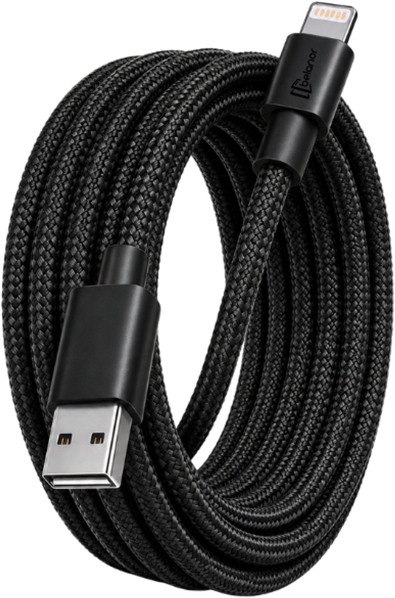 Belanor Lightning Kabel 1 Meter - USB A Oplaadkabel - Geschikt voor iPhone 14/13/12/11/X - Gevlochten - Zwart