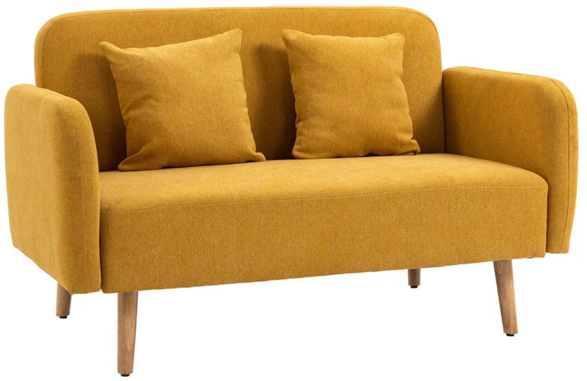 2-Zitsbanken - Bank met 2 Sierkussens - Kleine Loveseat - Fluwelen Look - Moderne Gestoffeerde Bank - Voor Woonkamer, Slaapkamer en Kleine Kamer - 130 x 70 x 80 cm - Geel
