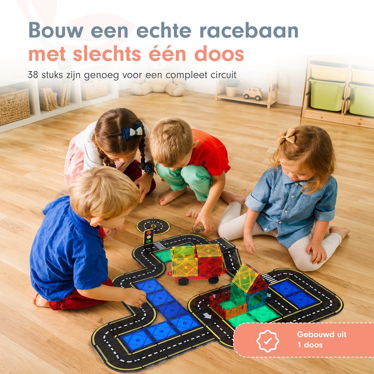 Magnetic tiles - Racebaan - Magnetische tegels - Bouw jouw magna wereld - Magneten speelgoed - Magneet tegels - Montessori - Bouwstenen - Travel set - Constructiespeelgoed — cadeau in Spellen & Speelgoed - foto 8